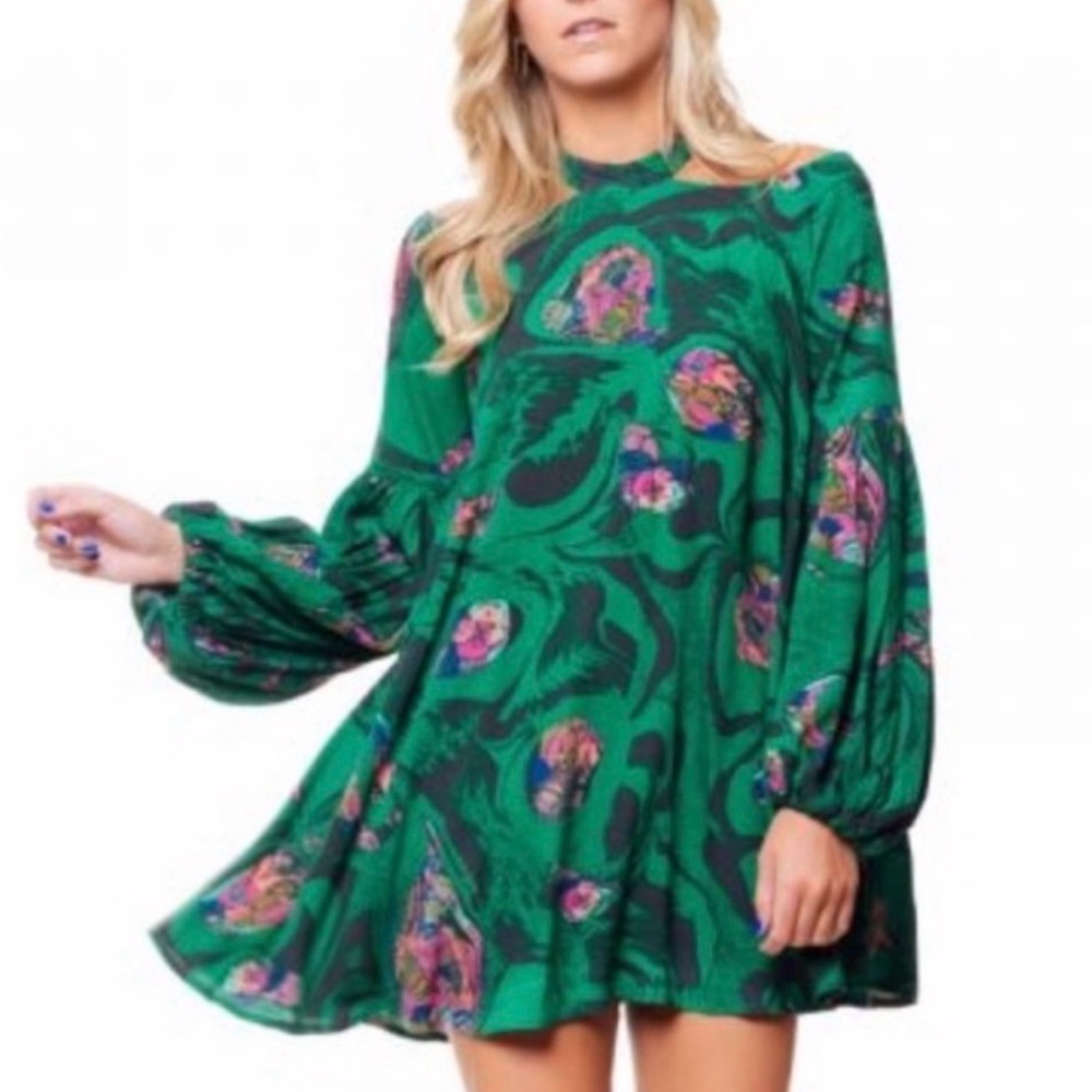 Free People Green cold shoulder Floral Print Mini Dress
